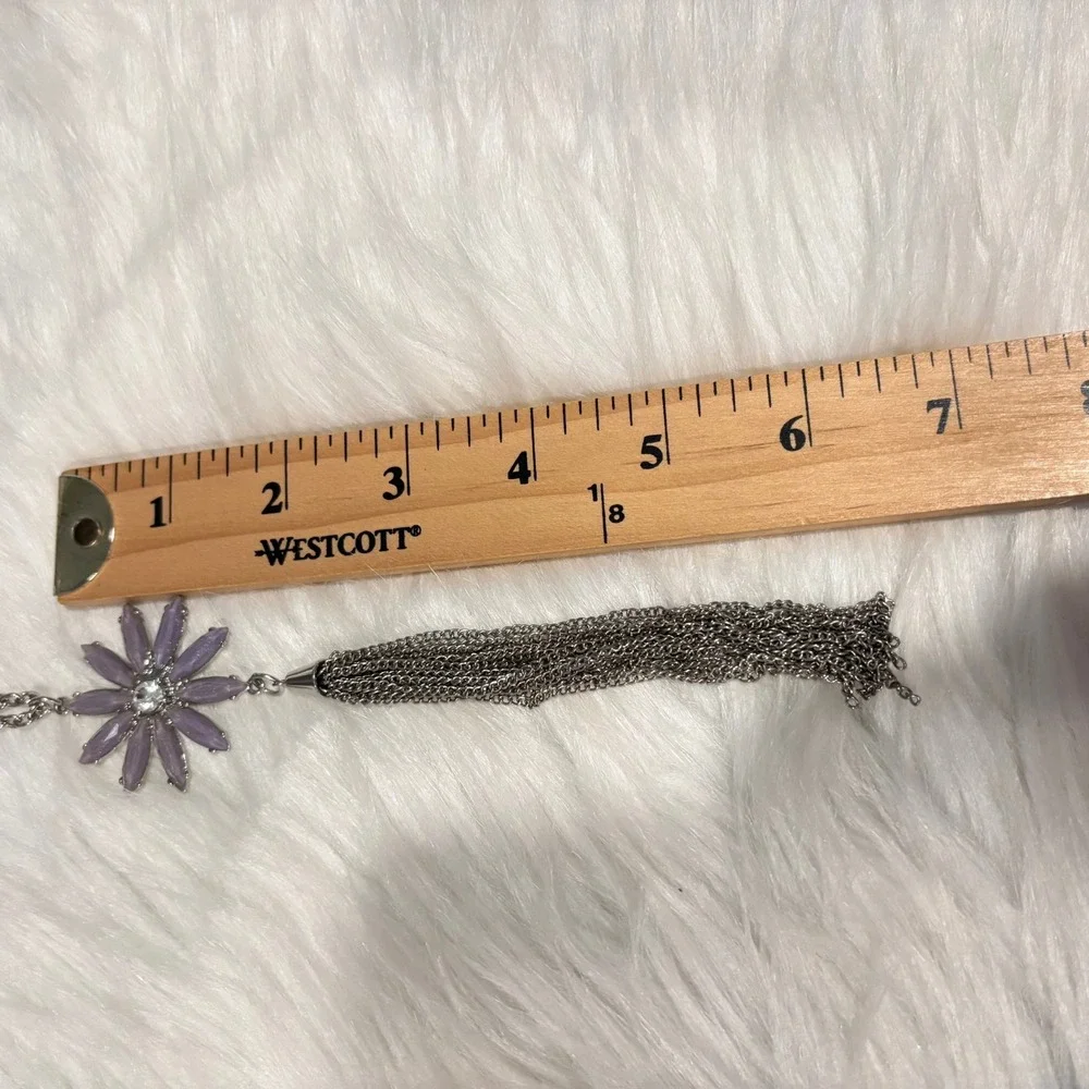 Whimsical Flower Tassel Necklace Boho Silver Tone Purple Rhinestone Hippie 20676